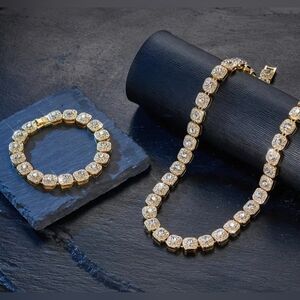 Golden Plated Stainless Steel 2pcs Cuban Necklace and Bracelet Set - Vintage Sex